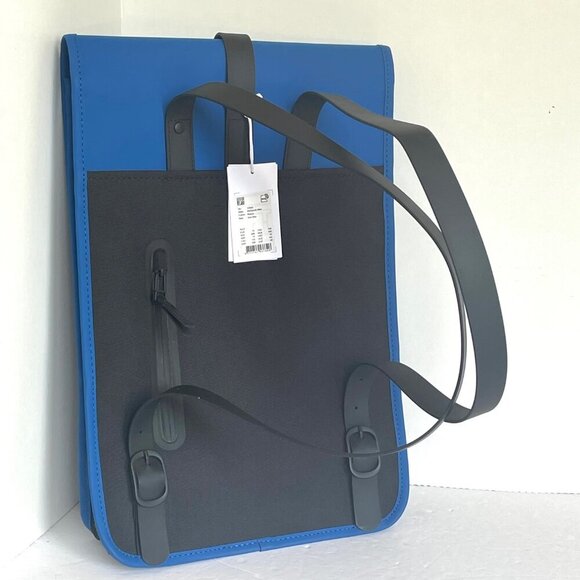 RAINS Small Backpack Blue Laptop Sleeve Commuter Vegan Flap Water Repellant - Picture 2 of 12